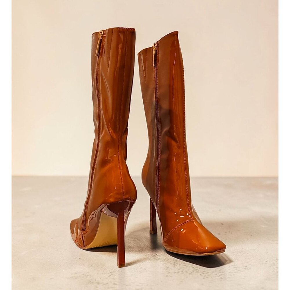 Tan Patent Leather Pointed Toe High Heel Boots With Side Zippers Mid-Calf Length - Picture 4 of 7